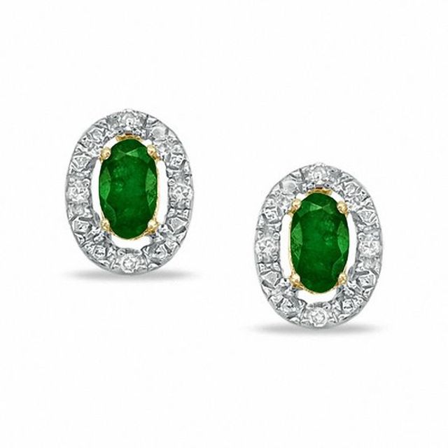 Oval Emerald and Diamond Framed Earrings in 10K Gold