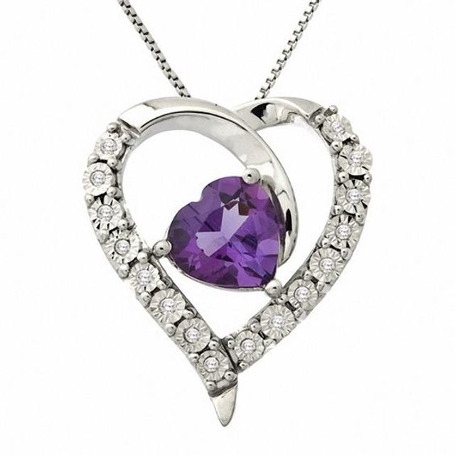 8.0mm Heart-Shaped Amethyst and 1/20 CT. T.w. Diamond Pendant in Sterling Silver