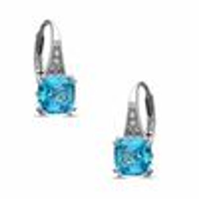7.0mm Cushion-Cut Blue Topaz and Diamond Accent Drop Earrings in Sterling Silver