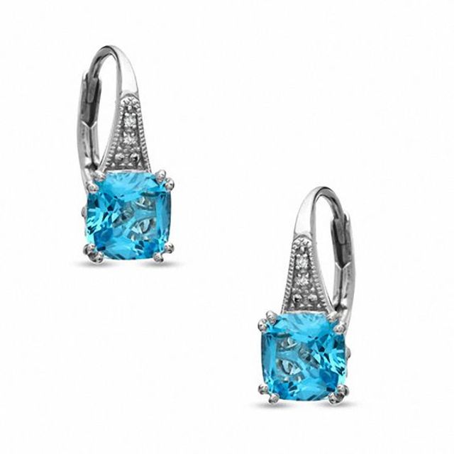 7.0mm Cushion-Cut Blue Topaz and Diamond Accent Drop Earrings in Sterling Silver