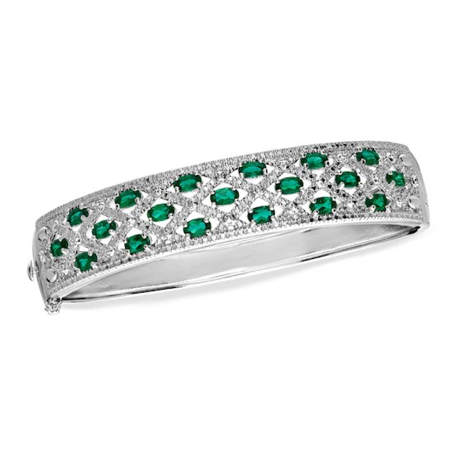 Oval Lab-Created Emerald and Diamond Accent Bangle in Sterling Silver - 7.25"