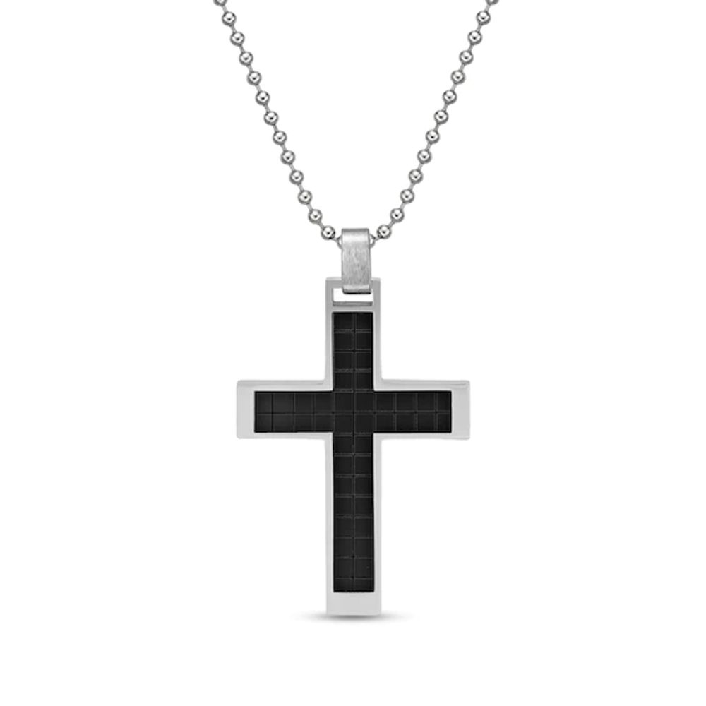 Men's Cross Pendant in Stainless Steel and Black Ion Plate - 22"