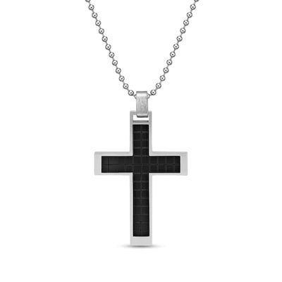 Men's Cross Pendant in Stainless Steel and Black Ion Plate - 22"