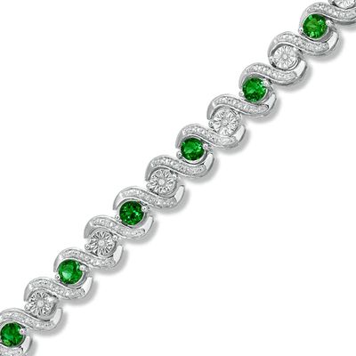 Lab-Created Emerald and 1/8 CT. T.w. Diamond Tennis Bracelet in Sterling Silver - 7.25"