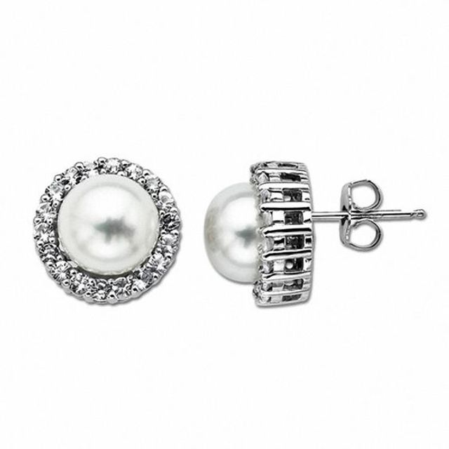 9.0mm Baroque Freshwater Cultured Pearl and White Topaz Stud Earrings in Sterling Silver