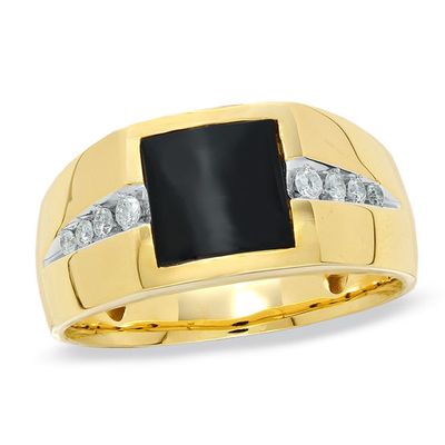 Men's 8.0mm Square Onyx and 1/5 CT. T.w. Diamond Ring in 10K Gold