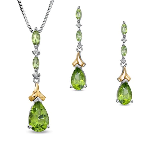 Pear-Shaped Peridot and Diamond Accent Pendant and Earrings Set in Sterling Silver and 14K Gold