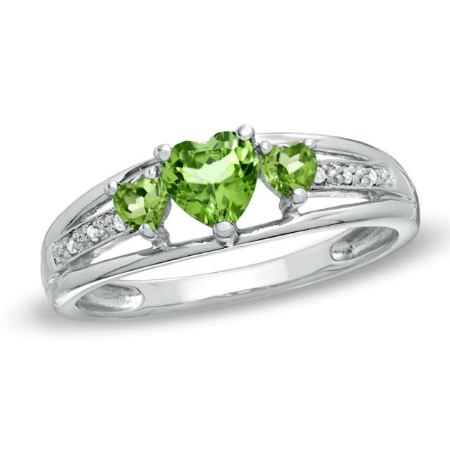 Heart-Shaped Peridot Three Stone and Diamond Accent Ring in Sterling Silver