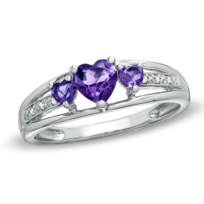Heart-Shaped Amethyst Three Stone and Diamond Accent Ring Sterling Silver