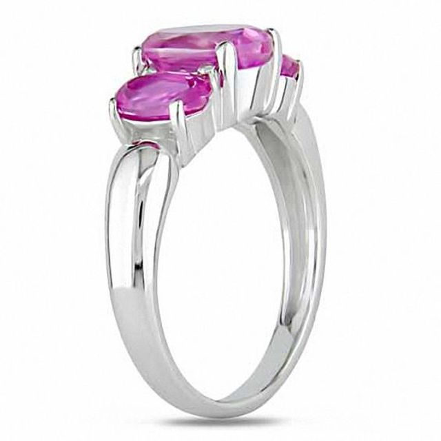 Oval Lab-Created Pink Sapphire Three Stone Ring Sterling Silver