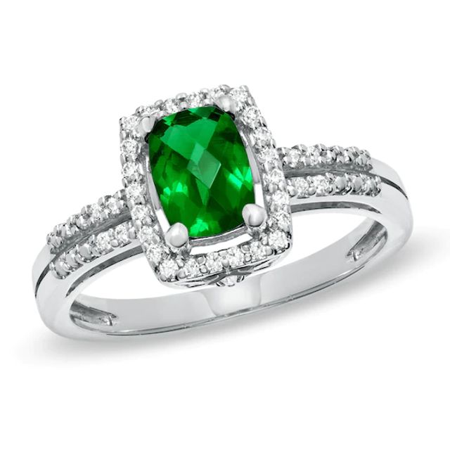 Cushion-Cut Lab-Created Emerald and White Sapphire Frame Ring in Sterling Silver