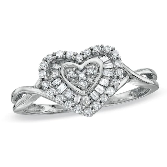 1/4 CT. T.w. Baguette and Round Diamond Heart Ring in 10K White Gold