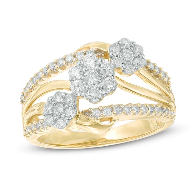 3/4 CT. T.w. Multi-Diamond Triple Flower Ring in 10K Gold