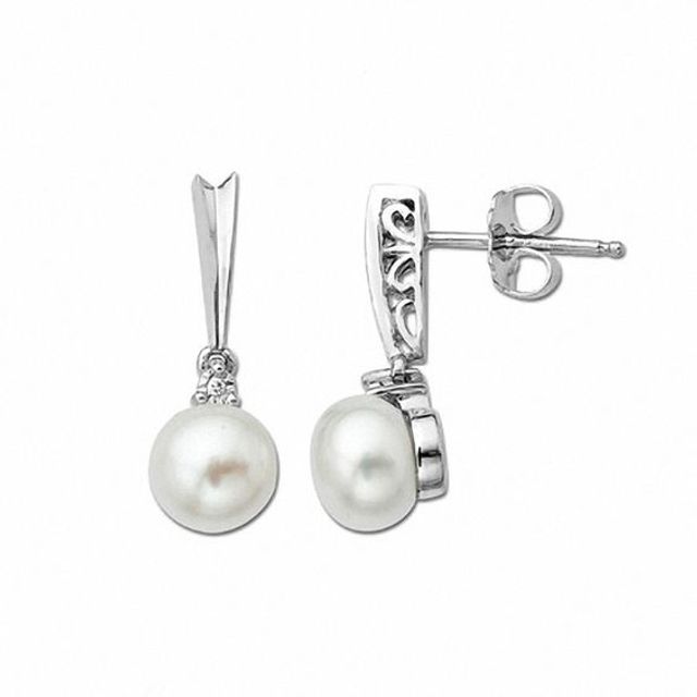 7.0-7.5mm Freshwater Cultured Pearl and Diamond Accent Drop Earrings in Sterling Silver