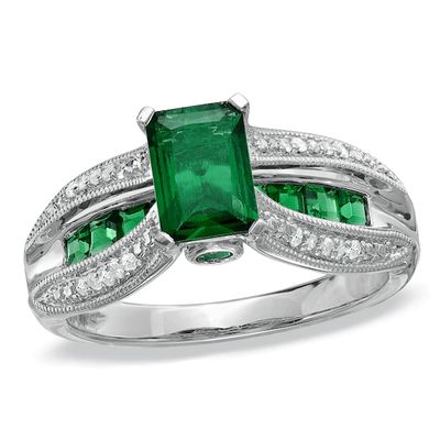 Octagonal Lab-Created Emerald and Diamond Accent Open Ring in 10K White Gold