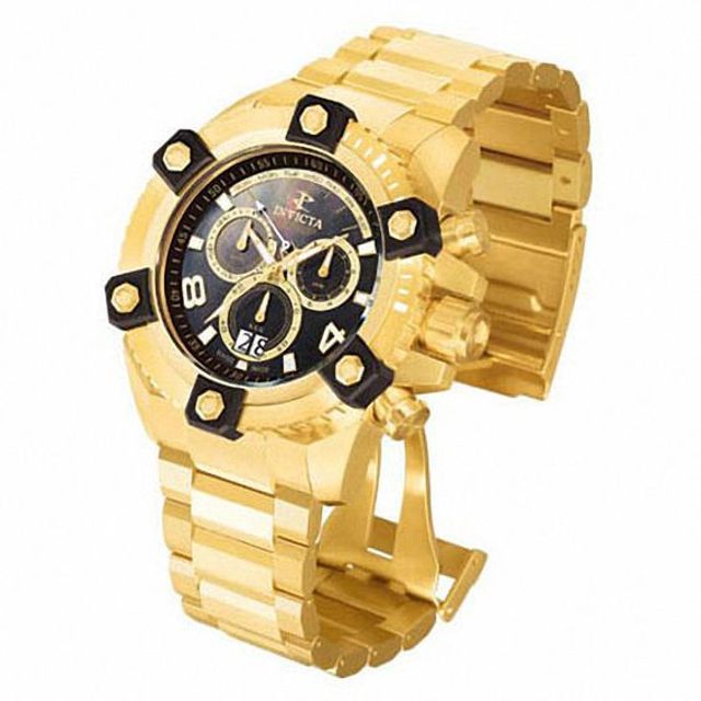 Men's Invicta Reserve Chronograph Gold-Tone Watch with Black Mother-of-Pearl Dial (Model: 0340)