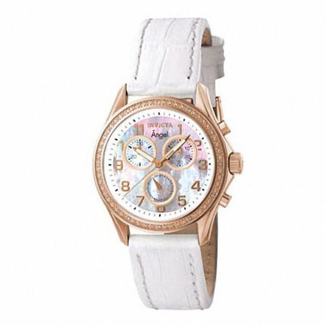 Ladies' Invicta Angel Diamond Accent Chronograph Rose-Tone Strap Watch with Mother-of-Pearl Dial (Model: 0582)