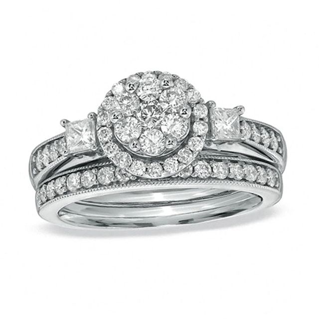 1 CT. T.w. Round and Princess-Cut Diamond Flower Bridal Set in 10K White Gold