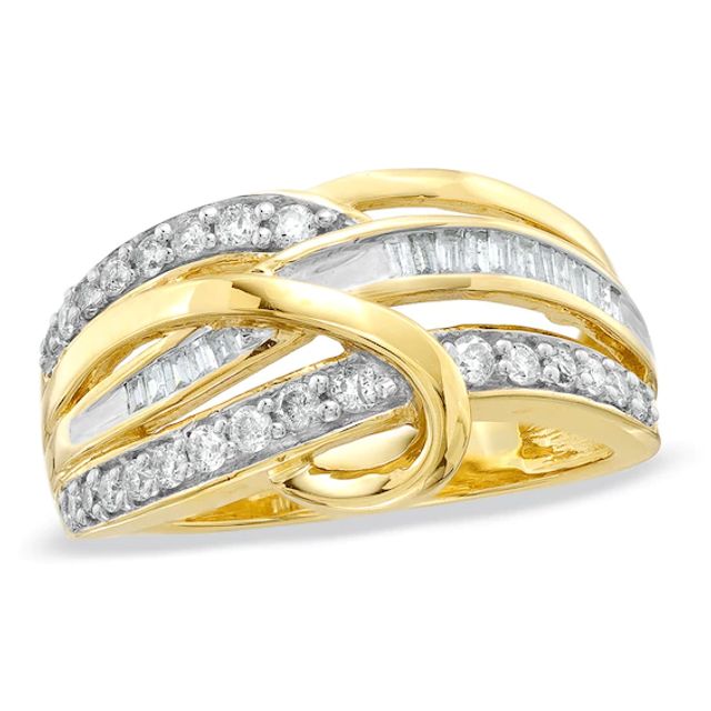 1/2 CT. T.w. Baguette and Round Diamond Twist-Over Ring in 10K Gold