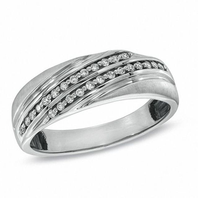 Men's 1/5 CT. T.w. Diamond Double Row Slant Wedding Band in 10K White Gold