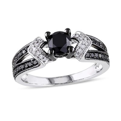 1 CT. T.w. Black and White Diamond Split Shank Engagement Ring in Sterling Silver