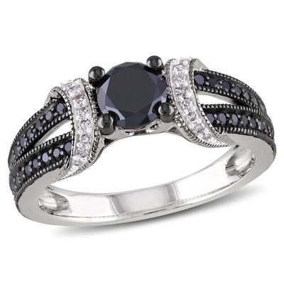 1 CT. T.w. Enhanced Black and White Diamond Station Engagement Ring Sterling Silver