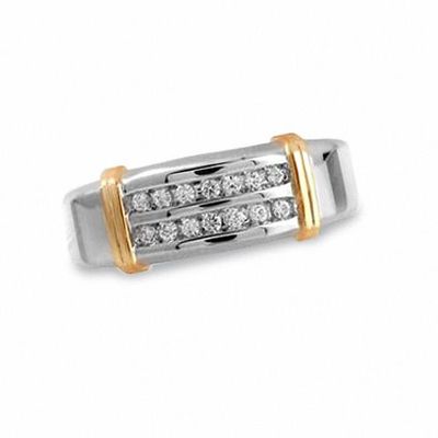 1/10 CT. T.w. Diamond Double Row Wedding Band in Sterling Silver and 14K Gold Plate