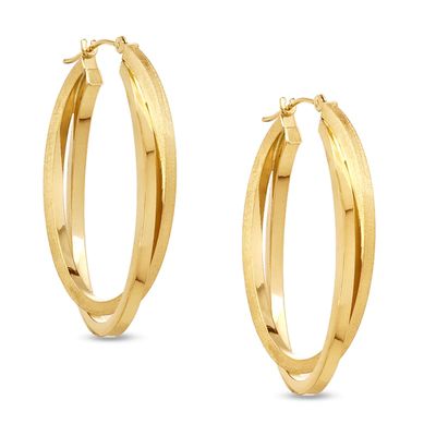 Satin and Polished Oval Hoop Earrings in 14K Gold