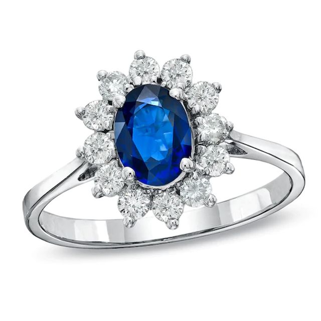 Oval Blue Sapphire and 1/2 CT. T.w. Diamond Frame Engagement Ring in 14K White Gold