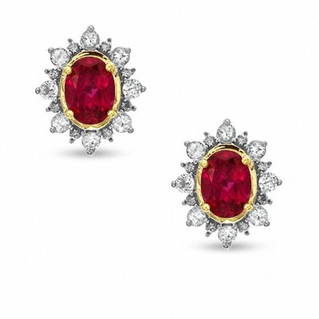 Lab-Created Ruby and White Sapphire and Diamond Accent Frame Earrings in 10K Gold