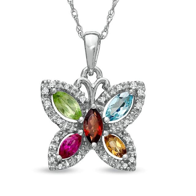 Marquise Semi-Precious and Diamond Accent Butterfly Pendant in 10K White Gold