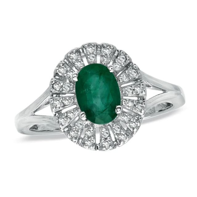 Emerald and 1/7 CT. T.w. Diamond Fan Ring in 10K White Gold