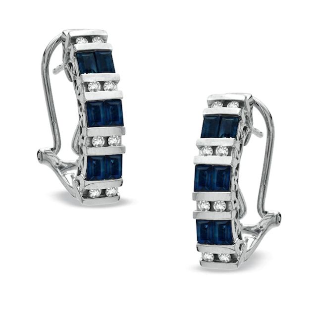 Baguette Blue Sapphire and 1/6 CT. T.w. Diamond Earrings in 10K White Gold