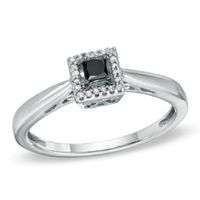 Black Mystique 1/5 CT. T.w. Enhanced Black and White Princess-Cut Diamond Square Frame Ring in 10K White Gold