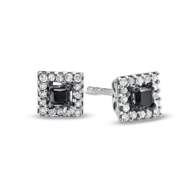 Black Mystique 1/5 CT. T.w. Enhanced Black and White Princess-Cut Diamond Square Frame Stud Earrings in 10K White Gold