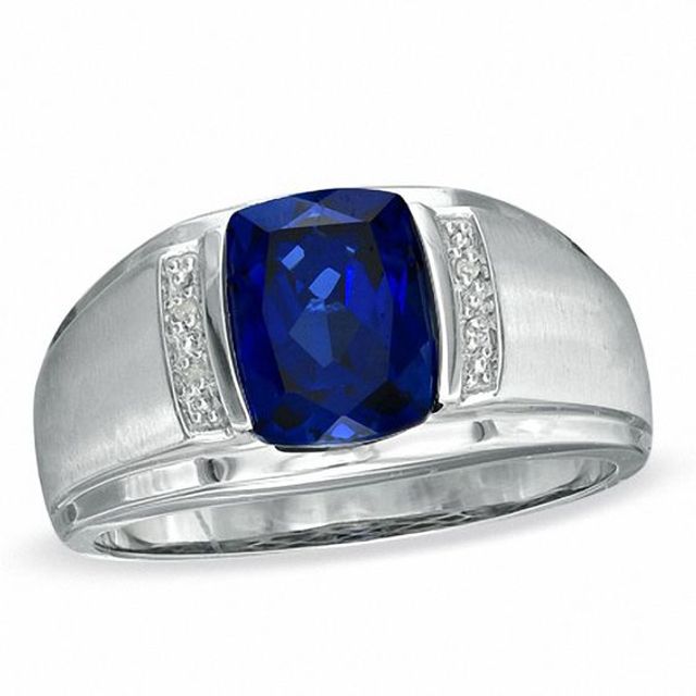 Men's Cushion-Cut Lab-Created Blue Sapphire and Diamond Accent Ring in 10K White Gold