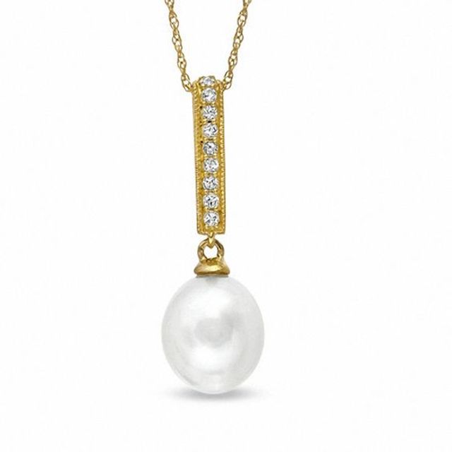 8.0-8.5mm Pear-Shaped Freshwater Cultured Pearl and Lab-Created White Sapphire Drop Pendant in 10K Gold