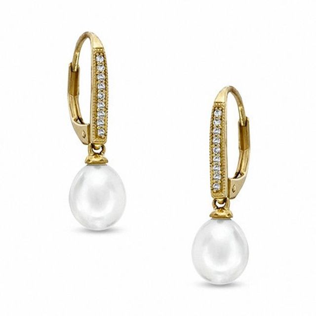 7.0-7.5mm Freshwater Cultured Pearl and Lab-Created White Sapphire Drop Earrings in 10K Gold