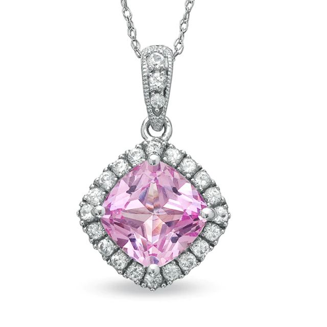 8.0mm Cushion-Cut Lab-Created Pink Sapphire and White Sapphire Frame Pendant in 10K White Gold