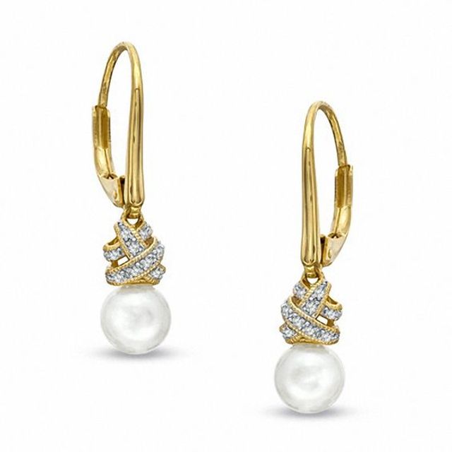 6.5-7.0mm Freshwater Cultured Pearl and Lab-Created White Sapphire Wrap Drop Earrings in 10K Gold