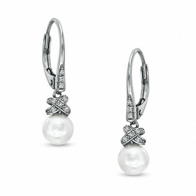 6.5-7.0mm Freshwater Cultured Pearl and Lab-Created White Sapphire Wrap Drop Earrings in 10K White Gold