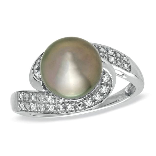 9.0mm Tahitian Cultured Pearl and 1/10 CT. T.w. Diamond Swirl Ring in 10K White Gold