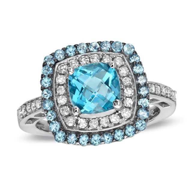 7.0mm Cushion-Cut Blue Topaz and 3/8 CT. T.w. Diamond Frame Ring in 10K White Gold