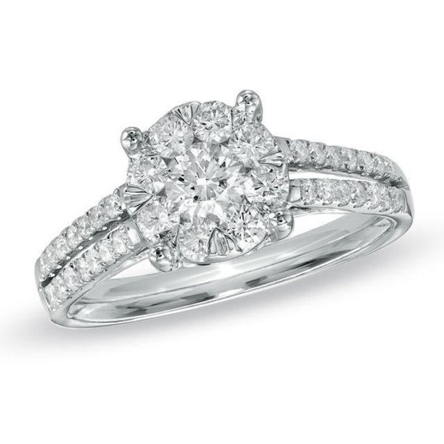 1 CT. T.w. Diamond Cluster Bridal Set in 14K White Gold