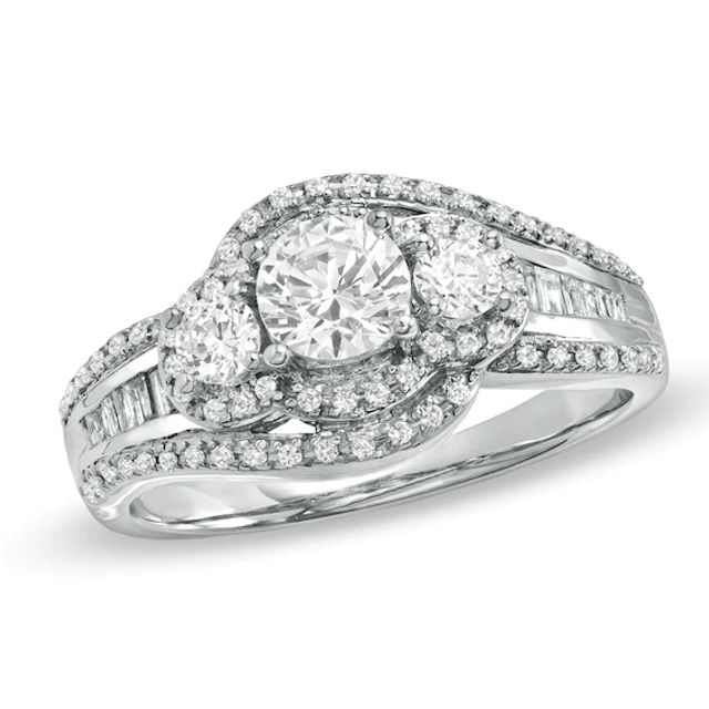 1 CT. T.w. Round and Baguette Diamond Three Stone Swirl Engagement Ring in 14K White Gold