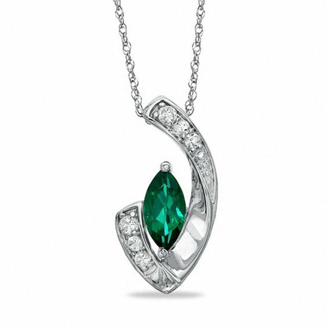 Marquise Lab-Created Emerald and White Sapphire Cradle Pendant in 10K White Gold