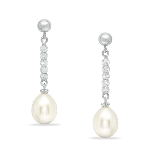 9.0-9.5mm Freshwater Cultured Pearl and Diamond-Cut Bead Drop Earrings in Sterling Silver