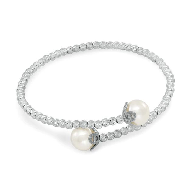 8.5-9.0mm Freshwater Cultured Pearl and Diamond-Cut Bead Bypass Flex Bangle in Sterling Silver