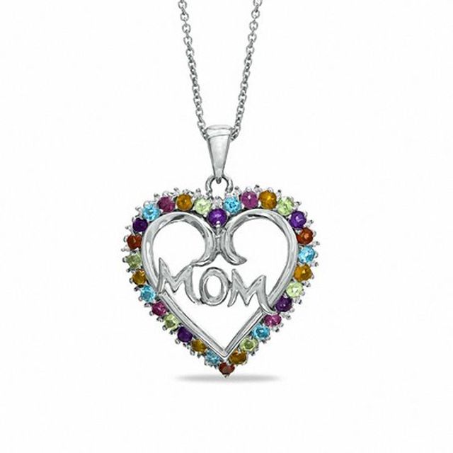 Multi-Gemstone and Diamond Accent Heart-Shaped Mom Pendant in Sterling Silver
