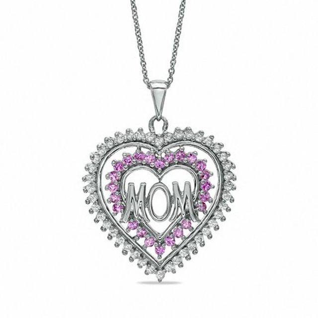 Lab-Created Pink and White Sapphire Heart-Shaped Mom Pendant in Sterling Silver